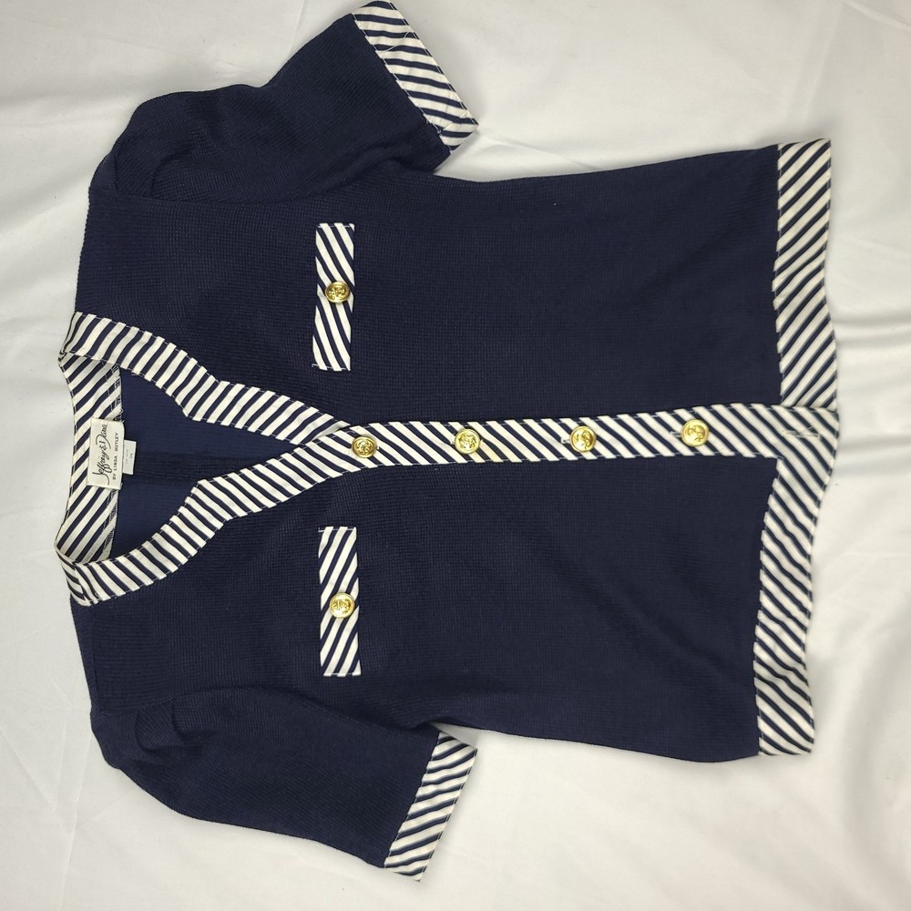 Jefferey & Dara by Linda Hutley coat top navy with strip trim. Sz 7/8